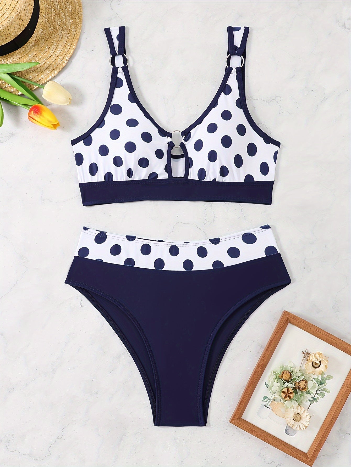 Women's Bikini Set With Random Prints, Sexy Polka Dot Ring Two-piece Swimsuit, Beach Style