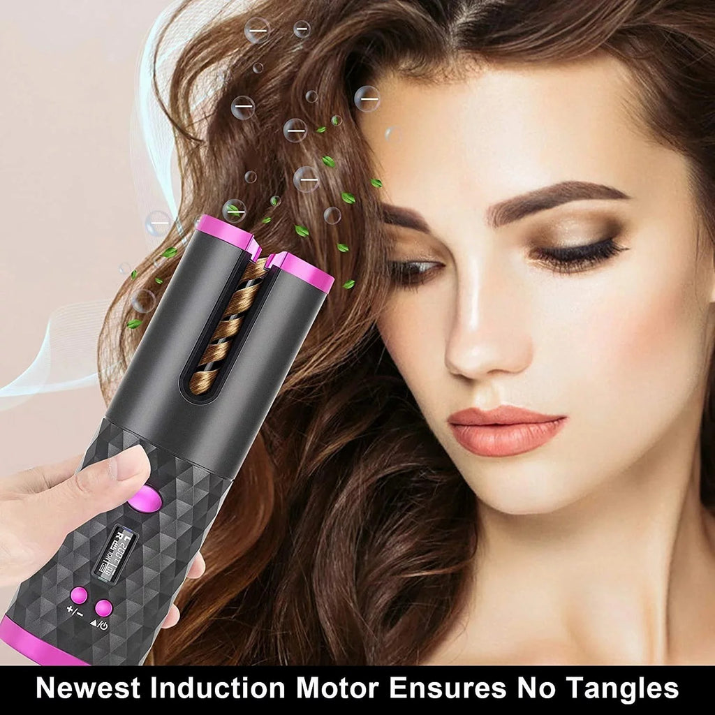 Hair Straightener Brush,, Ceramic Rotating Wireless Auto Curling Iron Wand, Portable USB Rechargeable Spin Curler For Hair Styling