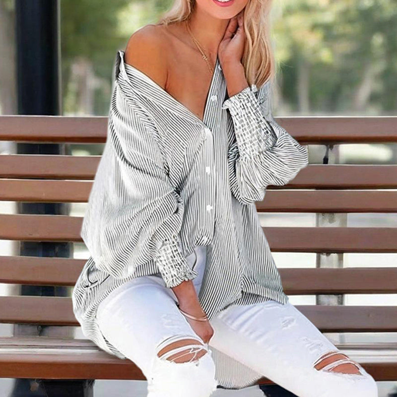 Women's Casual Striped Long Sleeve ShWith Button-Downirt  Collar & Knit Cuff Detail - Classic Spring&Fall Blouse