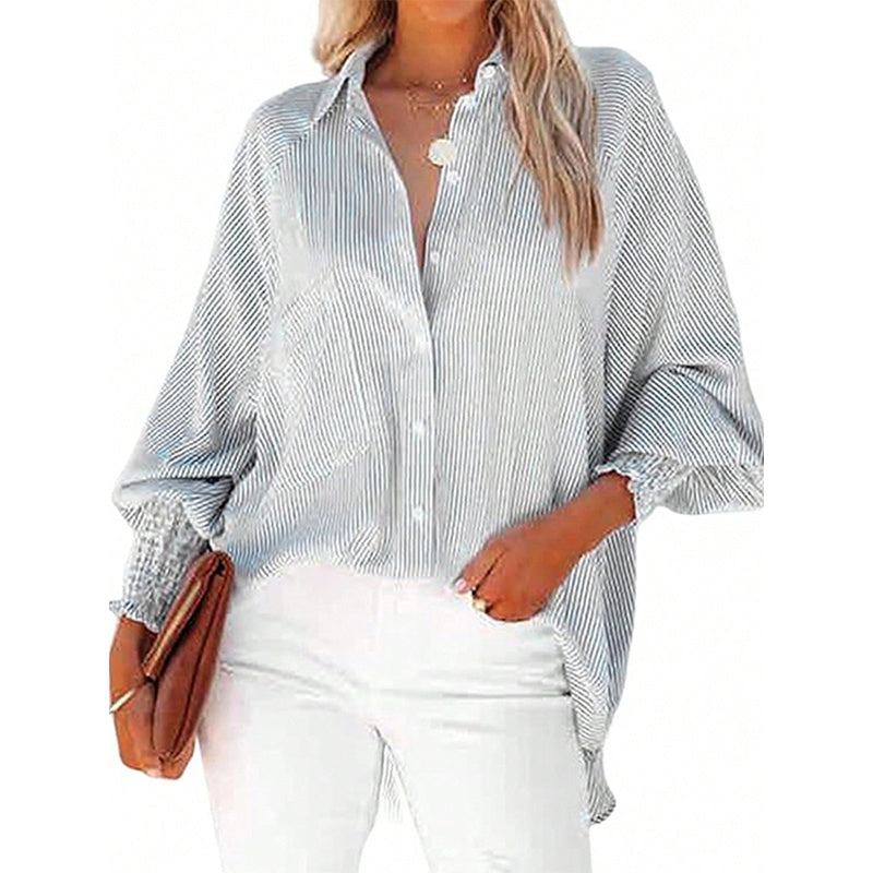 Women's Casual Striped Long Sleeve ShWith Button-Downirt  Collar & Knit Cuff Detail - Classic Spring&Fall Blouse