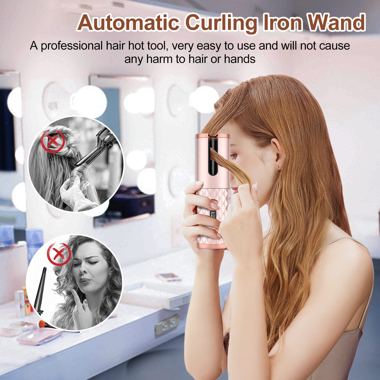 Hair Straightener Brush,, Ceramic Rotating Wireless Auto Curling Iron Wand, Portable USB Rechargeable Spin Curler For Hair Styling