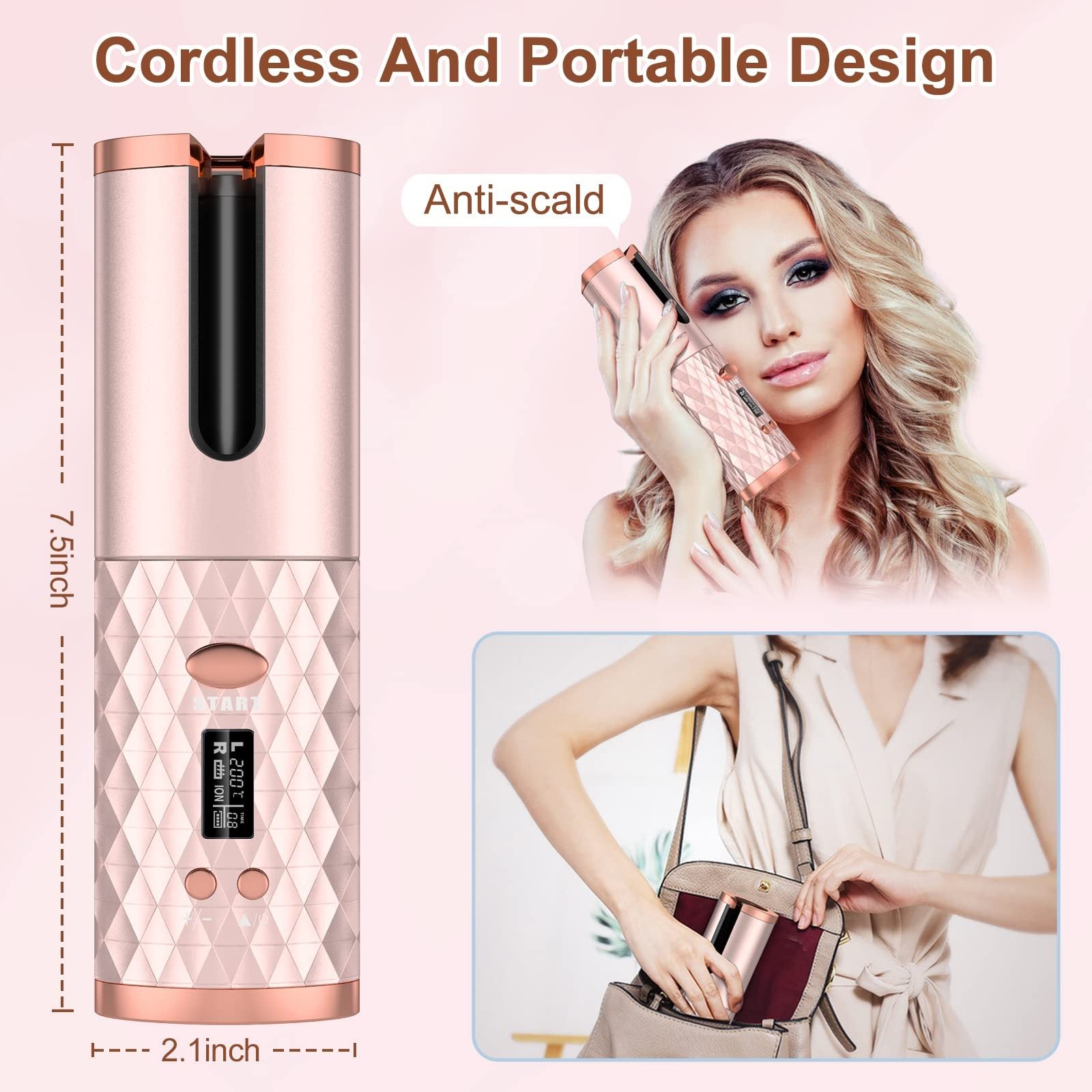Hair Straightener Brush,, Ceramic Rotating Wireless Auto Curling Iron Wand, Portable USB Rechargeable Spin Curler For Hair Styling