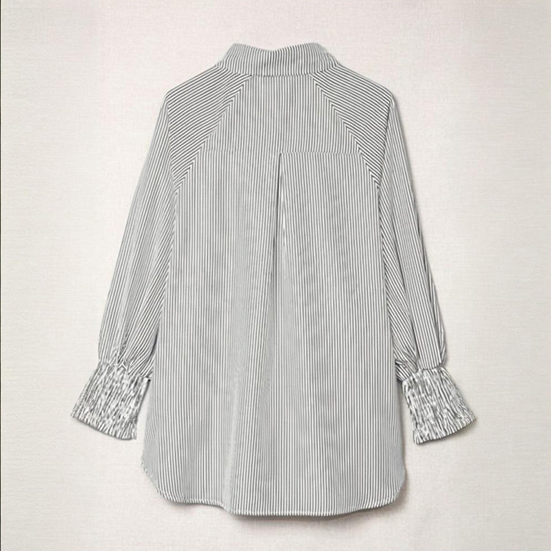 Women's Casual Striped Long Sleeve ShWith Button-Downirt  Collar & Knit Cuff Detail - Classic Spring&Fall Blouse