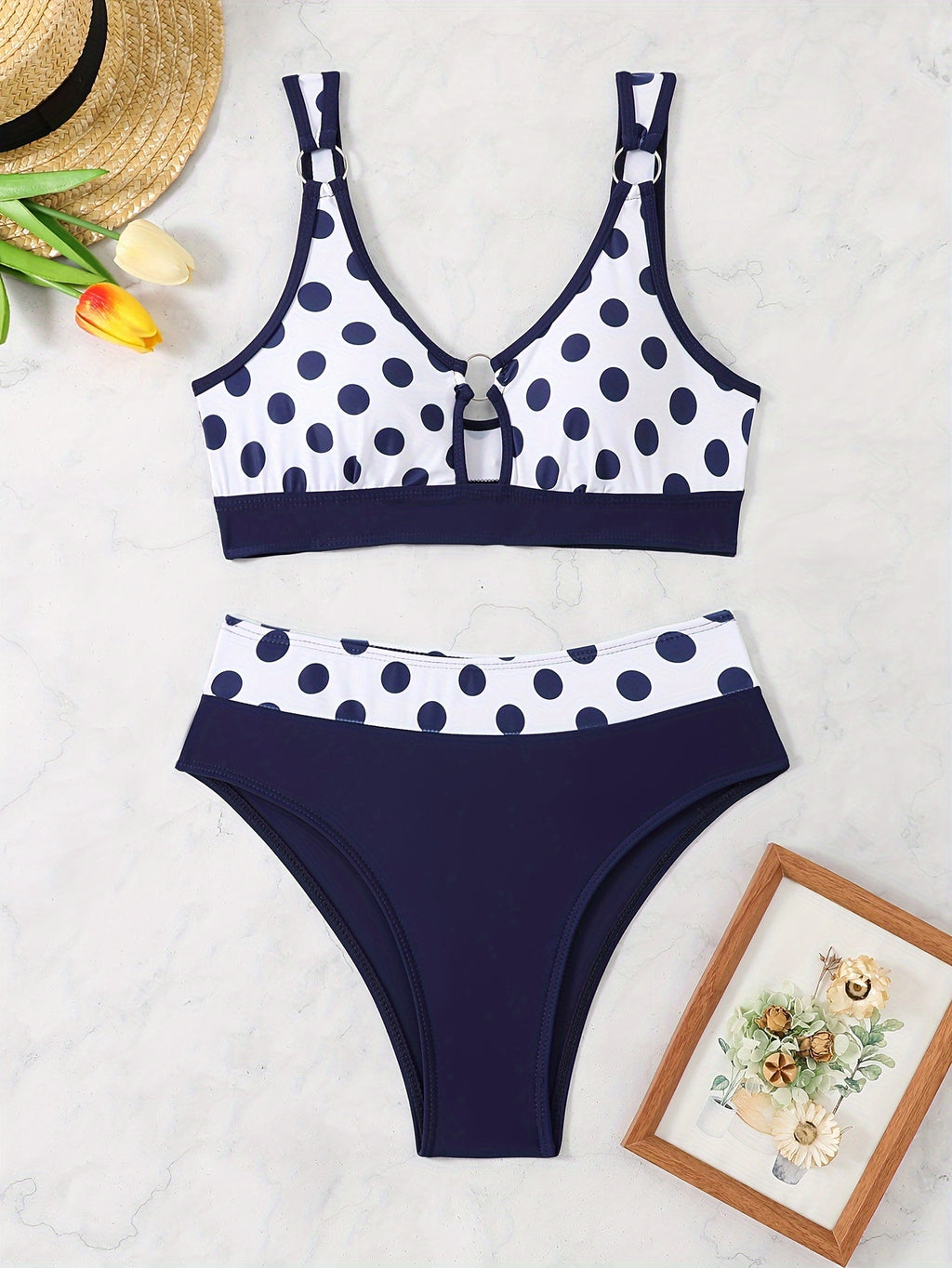 Women's Bikini Set With Random Prints, Sexy Polka Dot Ring Two-piece Swimsuit, Beach Style