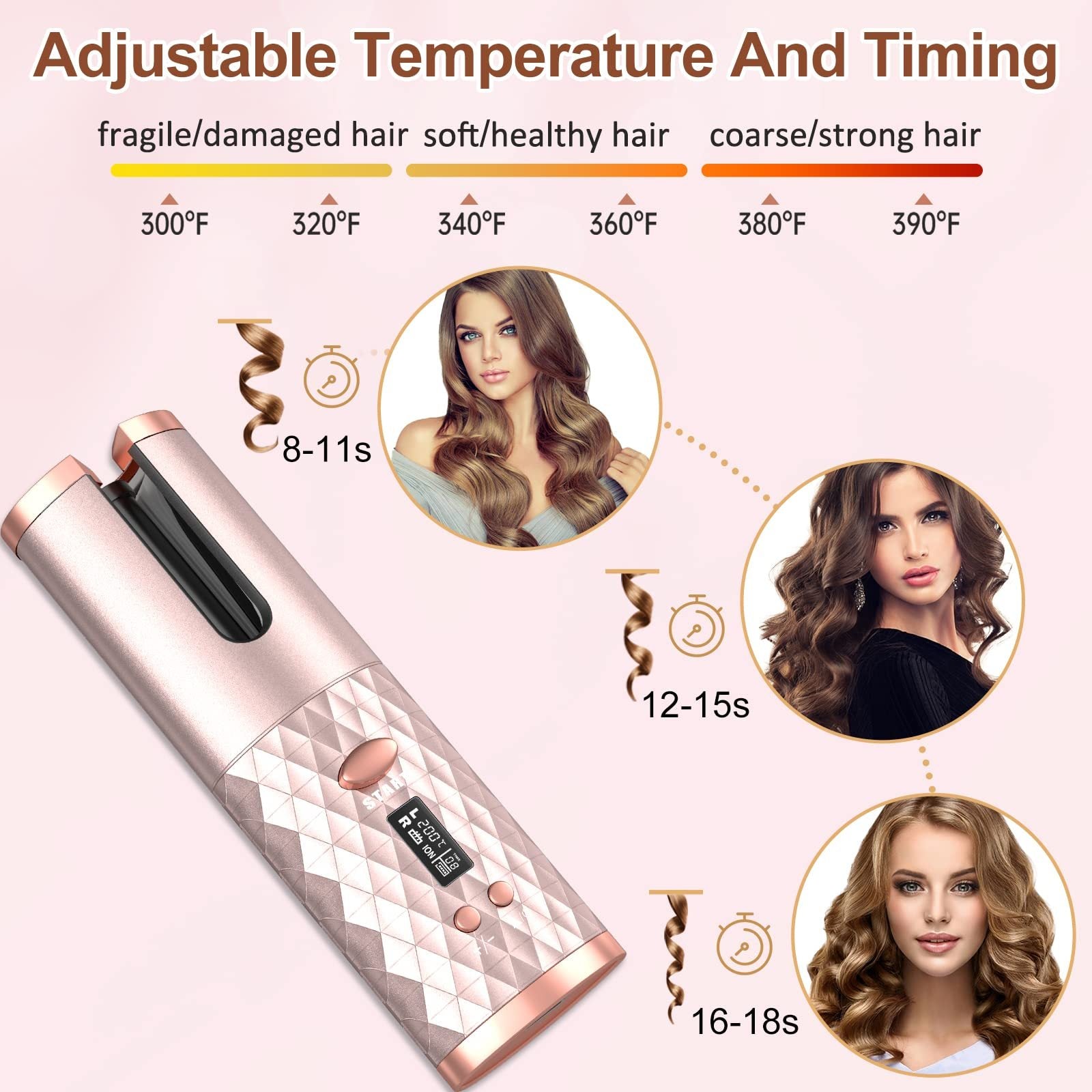 Hair Straightener Brush,, Ceramic Rotating Wireless Auto Curling Iron Wand, Portable USB Rechargeable Spin Curler For Hair Styling