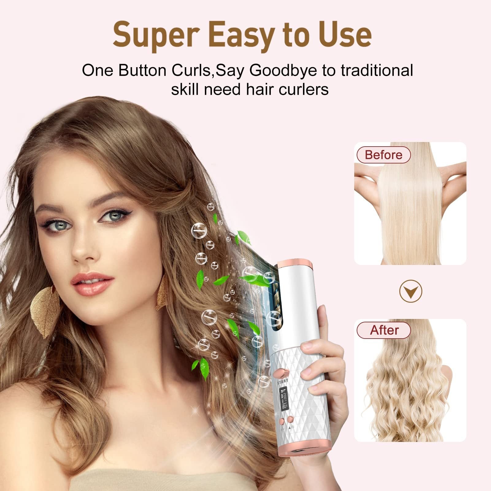 Hair Straightener Brush,, Ceramic Rotating Wireless Auto Curling Iron Wand, Portable USB Rechargeable Spin Curler For Hair Styling