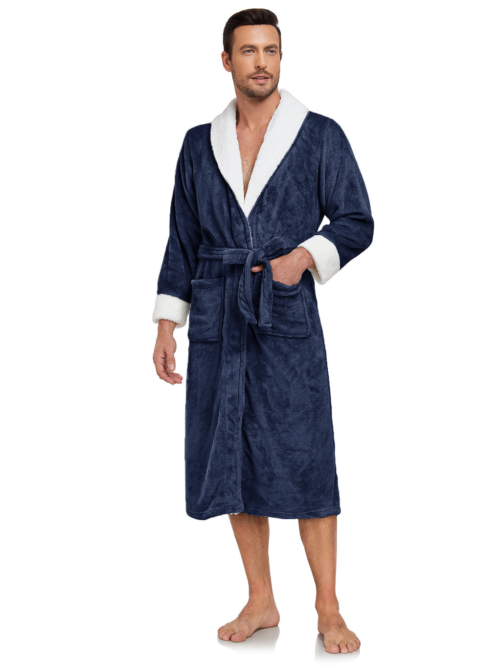 RONGTAI Men's Plush Long Bathrobe, Soft And Warm, Full Length, Shawl Collar, Fleece