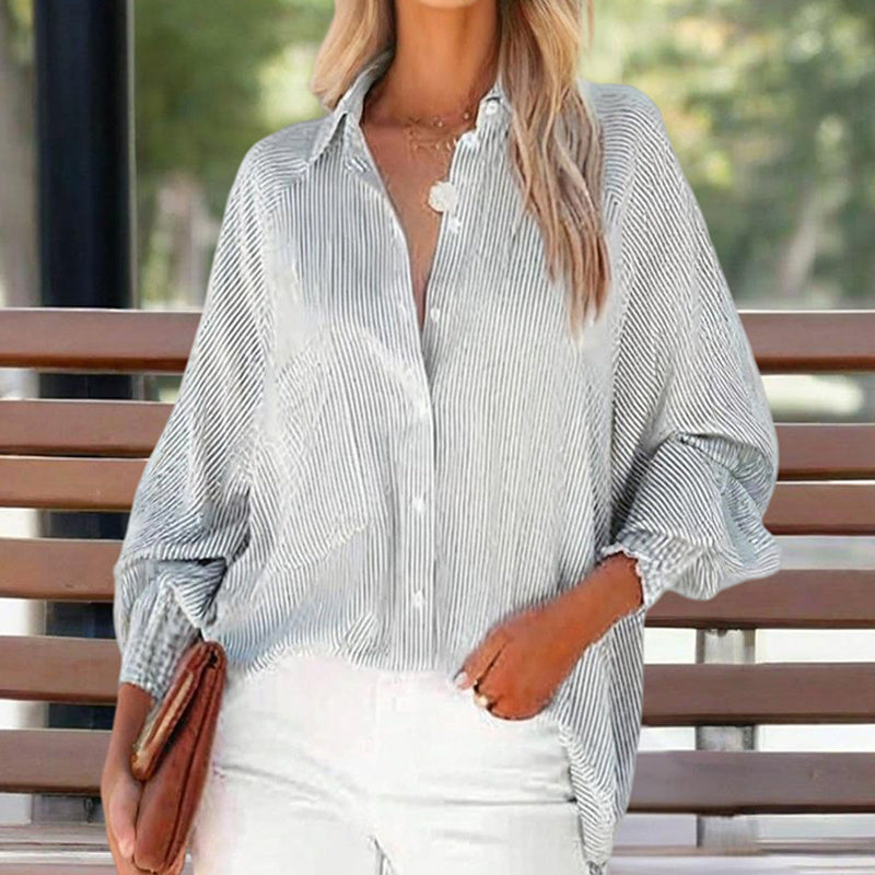 Women's Casual Striped Long Sleeve ShWith Button-Downirt  Collar & Knit Cuff Detail - Classic Spring&Fall Blouse