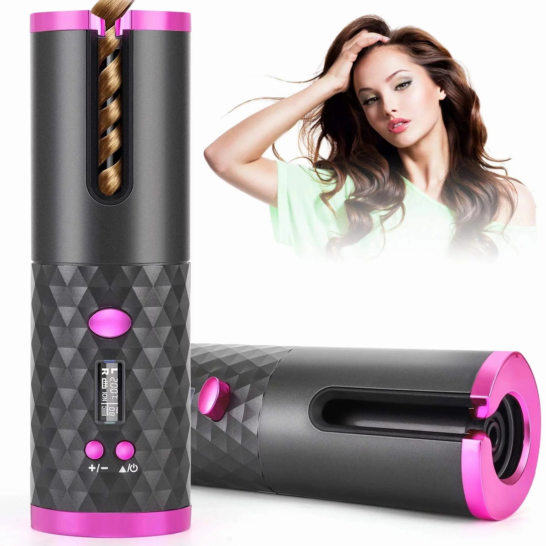 Hair Straightener Brush,, Ceramic Rotating Wireless Auto Curling Iron Wand, Portable USB Rechargeable Spin Curler For Hair Styling