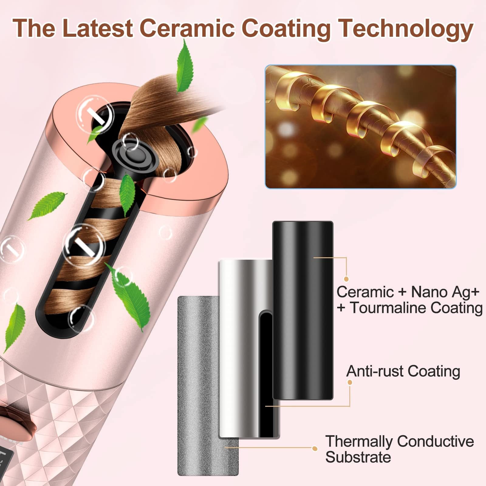 Hair Straightener Brush,, Ceramic Rotating Wireless Auto Curling Iron Wand, Portable USB Rechargeable Spin Curler For Hair Styling