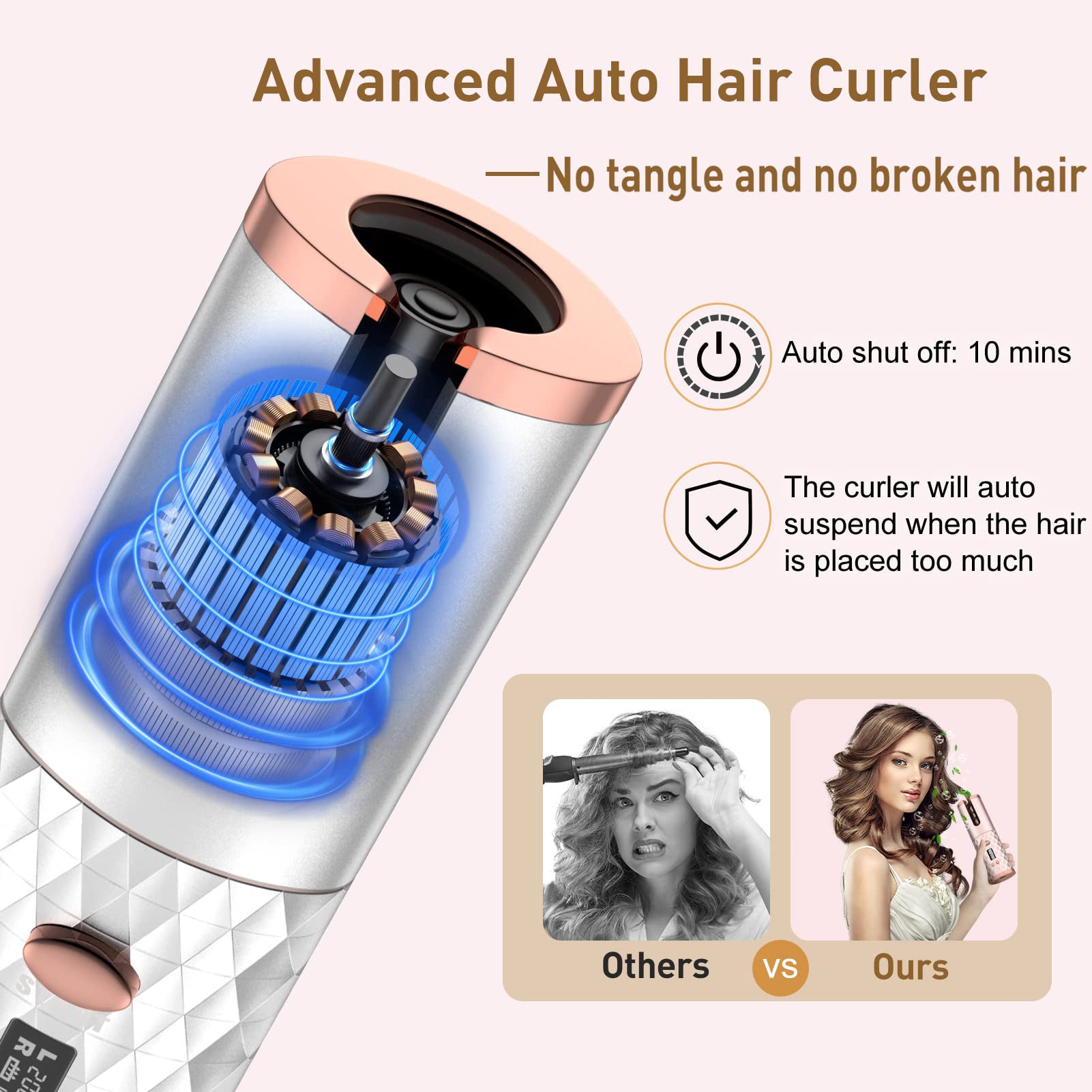Hair Straightener Brush,, Ceramic Rotating Wireless Auto Curling Iron Wand, Portable USB Rechargeable Spin Curler For Hair Styling